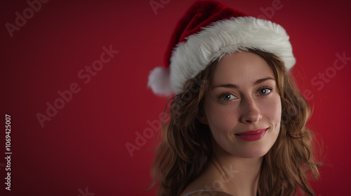 Woman wearing a red hat and smiling. She is wearing a red shirt and a white hat