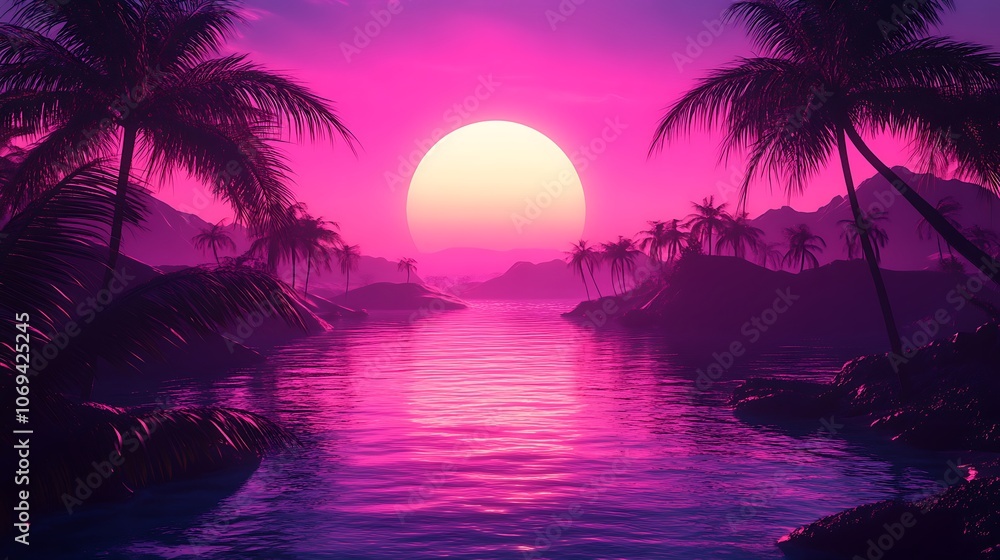 Neon palm tree landscape with vibrant retrowave background picture Neon palm tree landscape with vibrant retrowave background picture