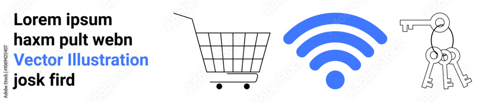 Shopping cart, wireless symbol, and keychain with keys set against a plain background. Ideal for e-commerce, technology, internet services, cybersecurity, and retail. Banner for landing page Shopping cart, wireless symbol, and keychain with keys set against a plain background. Ideal for e-commerce, technology, internet services, cybersecurity, and retail. Banner for landing page