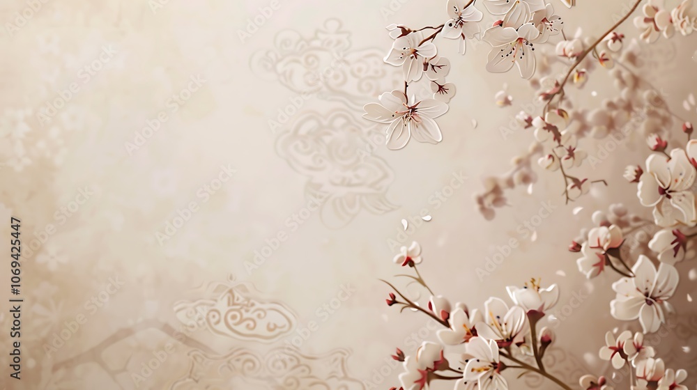 A soft and elegant 4K background in gentle sand tones featuring arabesque corner patterns and a small cluster of cherry blossoms ideal for creative minimalist designs with space for text A soft and elegant 4K background in gentle sand tones featuring arabesque corner patterns and a small cluster of cherry blossoms ideal for creative minimalist designs with space for text