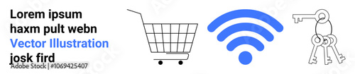 Shopping cart, wireless symbol, and keychain with keys set against a plain background. Ideal for e-commerce, technology, internet services, cybersecurity, and retail. Banner for landing page