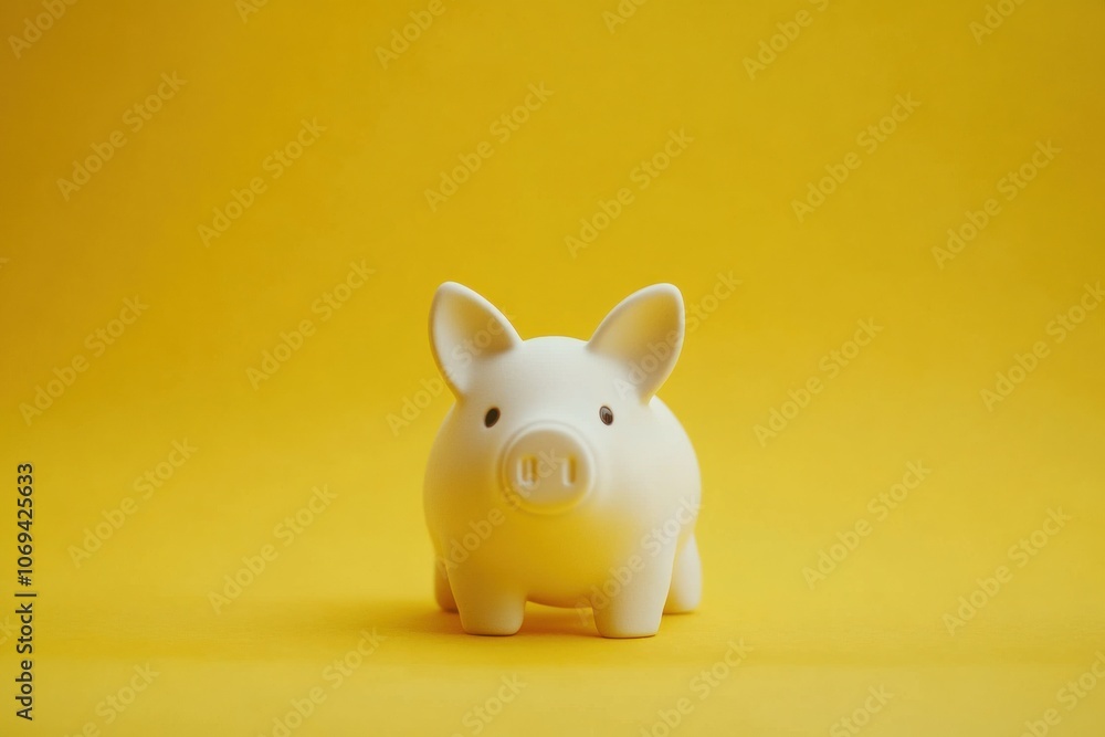White piggy bank standing on yellow background symbolizing saving money White piggy bank standing on yellow background symbolizing saving money