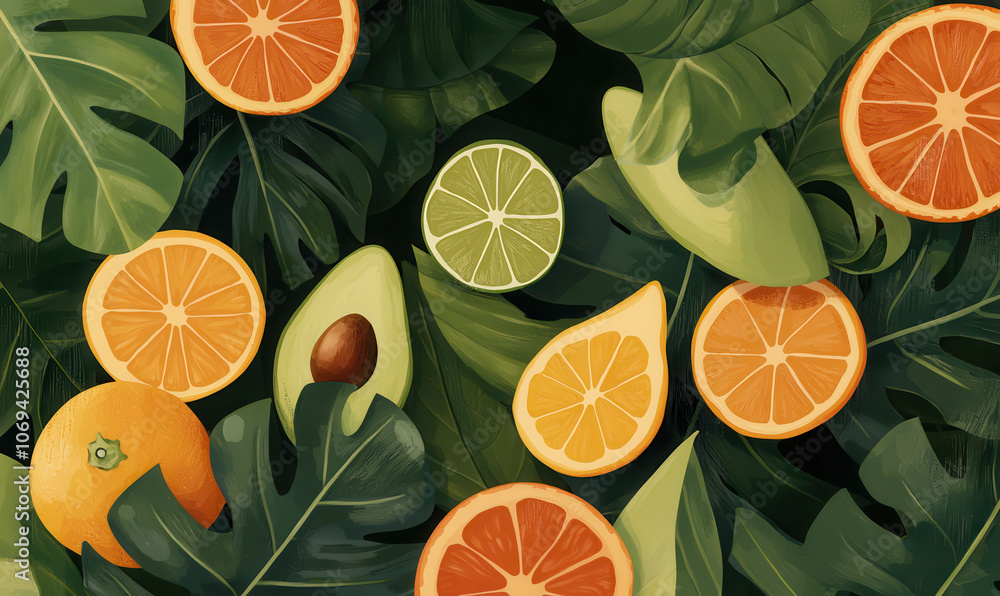 Vibrant Citrus and Tropical Fruits Arrangement with Lush Greenery Vibrant Citrus and Tropical Fruits Arrangement with Lush Greenery