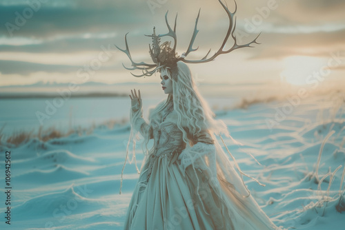 Winter Solstice Goddess Brings the Mystical Yule Night to Life in a Snowy Nordic Landscape of Northern Europe photo