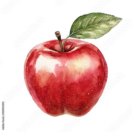 realistic watercolor clipart of ripe red fruit apple with leaves on white background