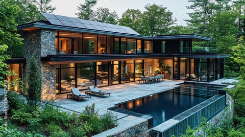 Modern luxury home with infinity swimming pool and solar panels embracing sustainable living