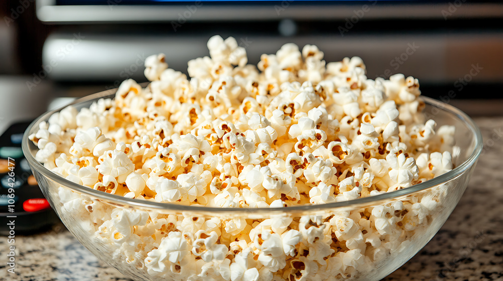 A glass bowl of popcorn and remote control in the background the TV works, Evening cozy watching a movie or TV series at home A glass bowl of popcorn and remote control in the background the TV works, Evening cozy watching a movie or TV series at home