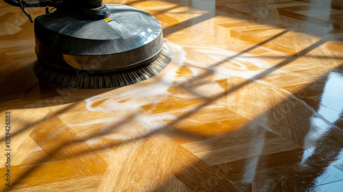 Closeup of janitor cleaning floor with polishing machine indoors, Scrubber machine for stone or parquet floor cleaning