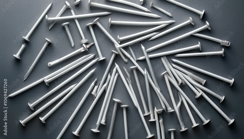 medium sized nails scattered across the middle of a grey background medium sized nails scattered across the middle of a grey background