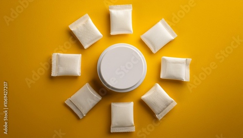 white thin snus sachets are laid out around a round jar on a yellow background