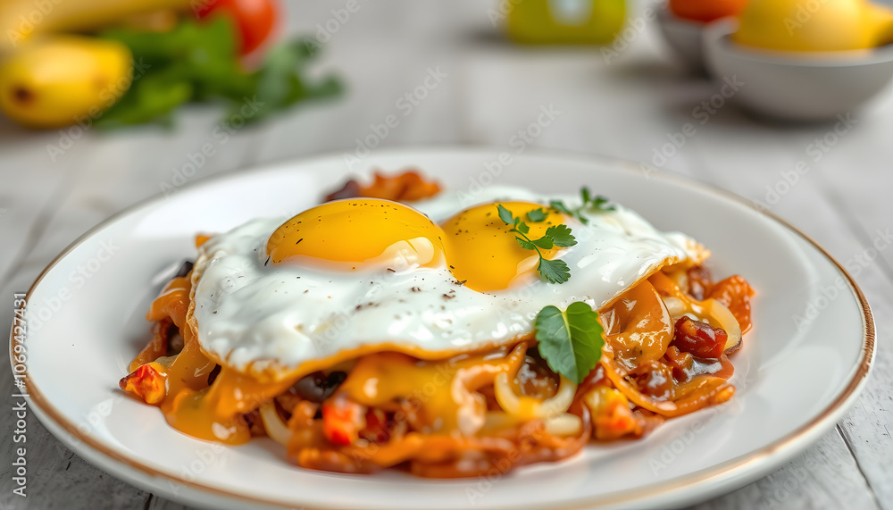 Close-up of huevos rancheros served on a plate isolated with white highlights, png Close-up of huevos rancheros served on a plate isolated with white highlights, png