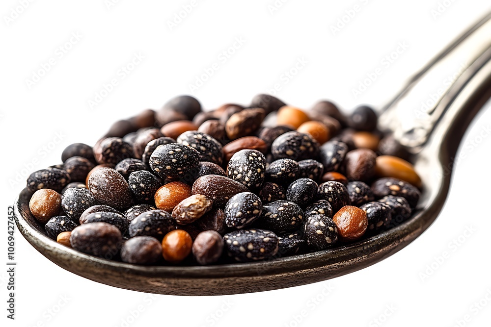 Fototapeta premium A rustic spoon filled with a variety of beans and lentils.
