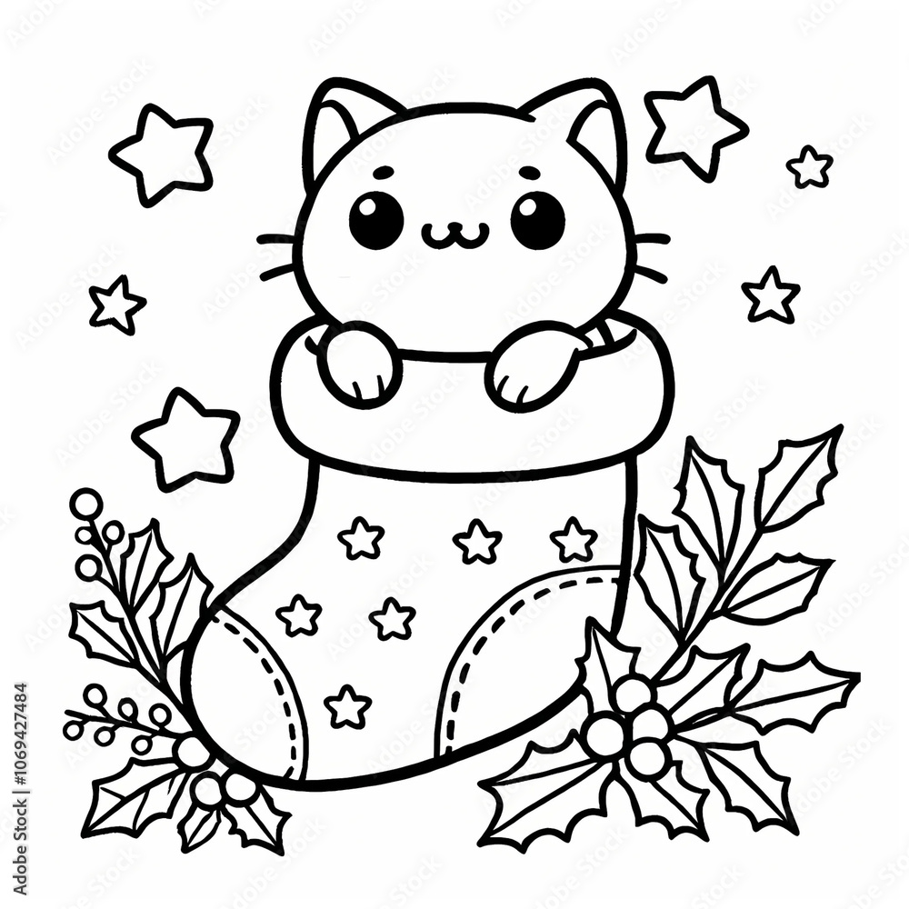 Fototapeta premium Cute Christmas Cat in Stocking Coloring Page with Holly and Stars - Festive Holiday Illustration for Kids, Christmas Crafts, Greeting Cards, Seasonal Decor