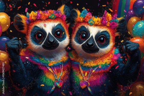 Colorful Lemurs Celebrating with Confetti and Balloons at a Festive Party