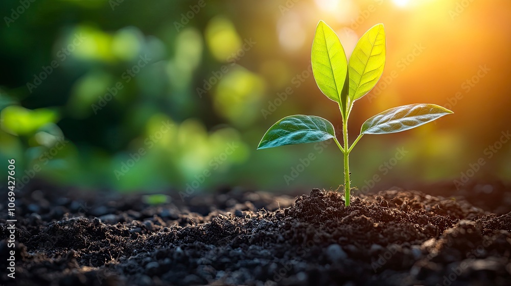 Obraz premium New plant growing in soil with sunlight shining through leaves
