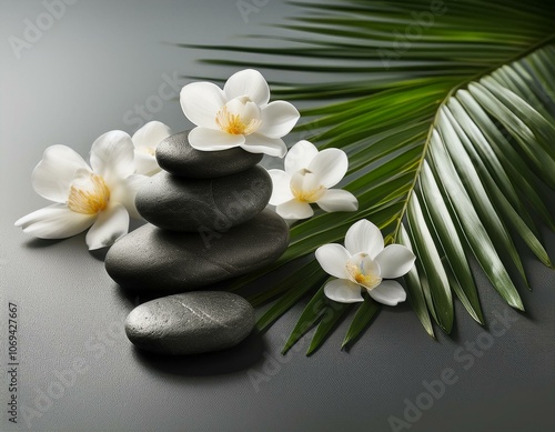spa stones with palm branch and flowers on grey background
