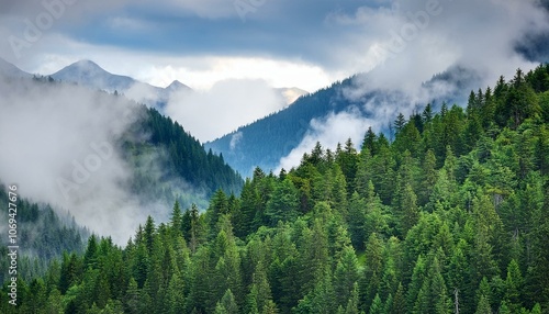 mountains covered with coniferous forest in fog against a cloudy sky