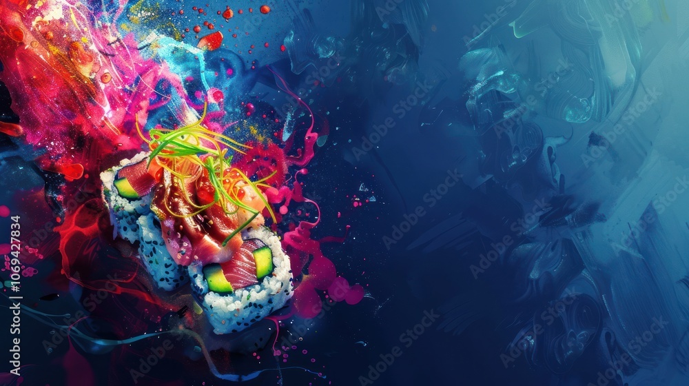 Obraz premium Delicious lamb sushi displayed in bright colors on a dark blue background, AI generated image
