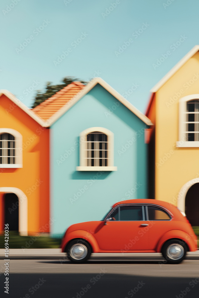 Classic Red Car in Motion Passing Colorful City Houses Classic Red Car in Motion Passing Colorful City Houses