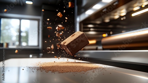 Floating chocolate block surrounded by cocoa powder in a modern kitchen
