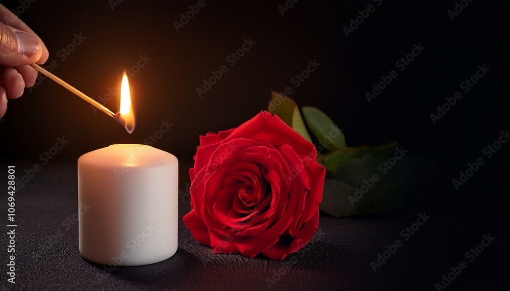 lighting a candle next to a red rose on black background day of the dead all souls day and funeral copy space