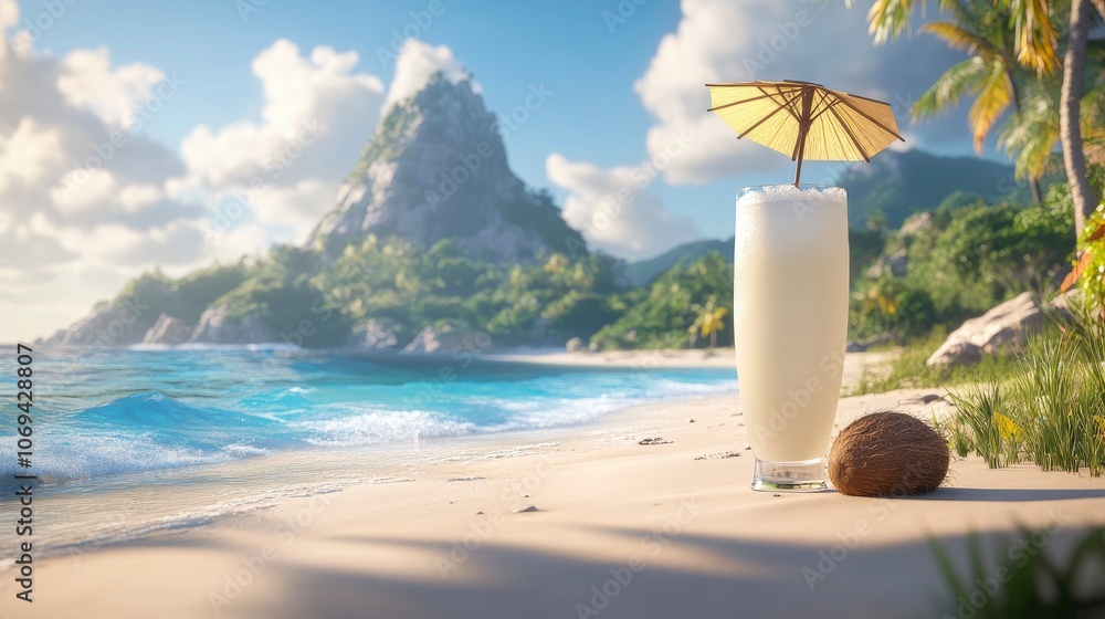 Refreshing tropical drink on a sunny beach with palm trees Refreshing tropical drink on a sunny beach with palm trees