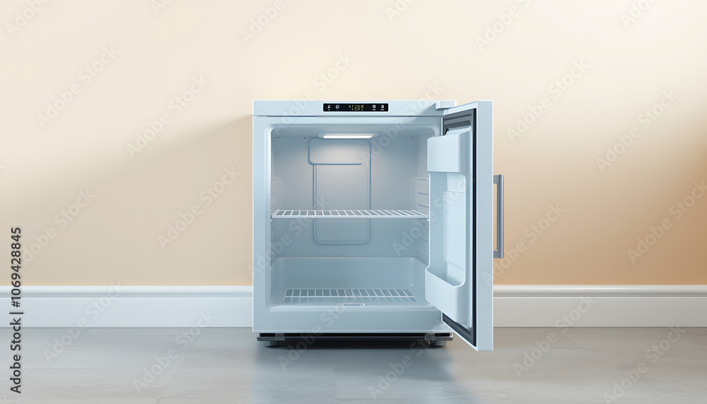 Empty modern mini refrigerator near beige wall indoors isolated with white highlights, png Empty modern mini refrigerator near beige wall indoors isolated with white highlights, png