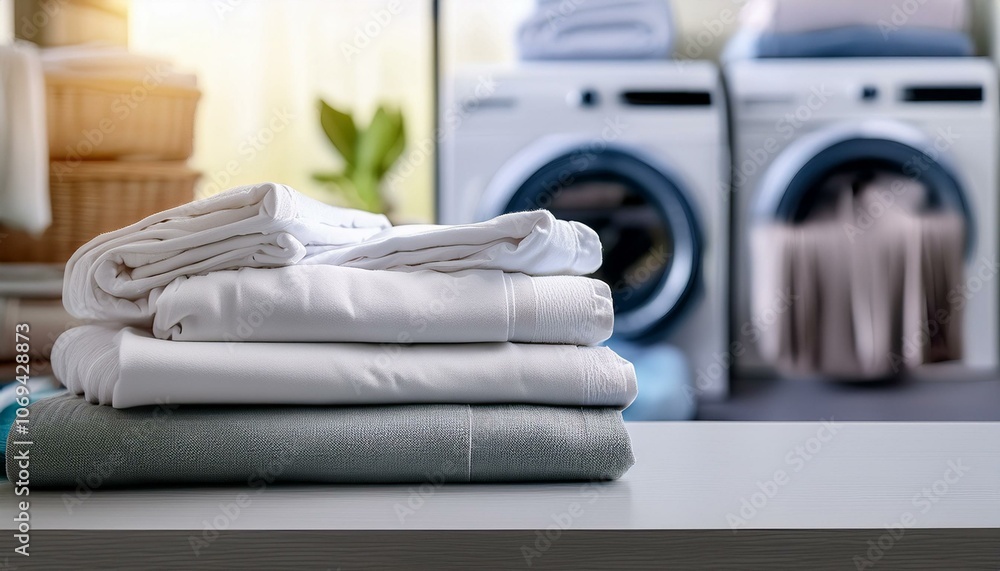 stack of clean bedding sheets on blurred laundry room background stack of clean bedding sheets on blurred laundry room background