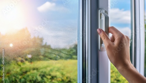 hand closing a double glazed window thermal and acoustic insulation energy efficiency at home