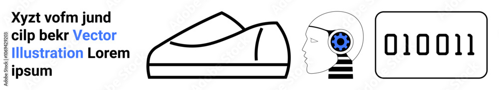 Shoe outline, human head with AI gear, binary code rectangle. Ideal for technology, artificial intelligence, digital transformation, coding, futuristic design, modern gadgets, innovation themes Shoe outline, human head with AI gear, binary code rectangle. Ideal for technology, artificial intelligence, digital transformation, coding, futuristic design, modern gadgets, innovation themes