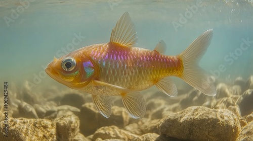 Vibrant goldfish swimming underwater among pebbles in clear water photo