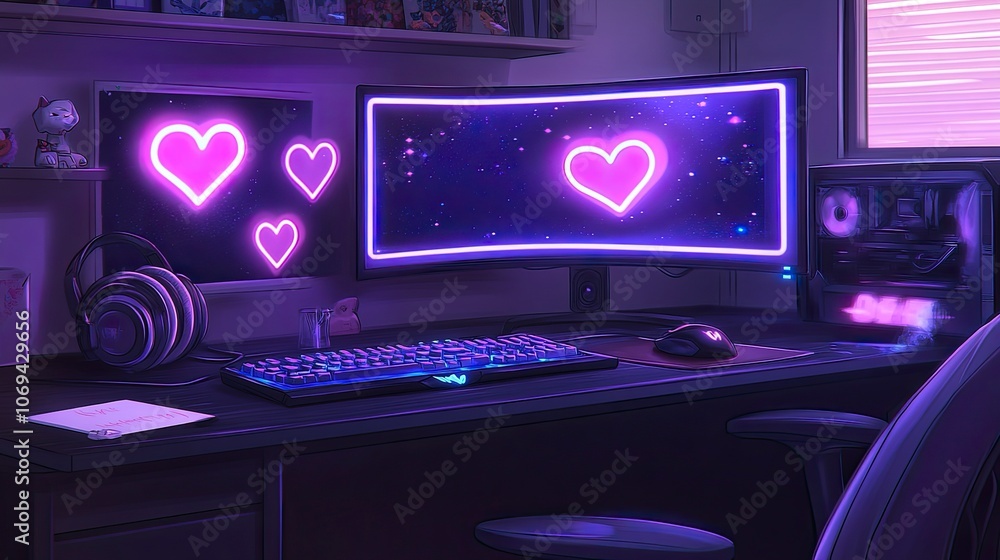 Cozy gaming setup with glowing hearts and vibrant aesthetics Cozy gaming setup with glowing hearts and vibrant aesthetics