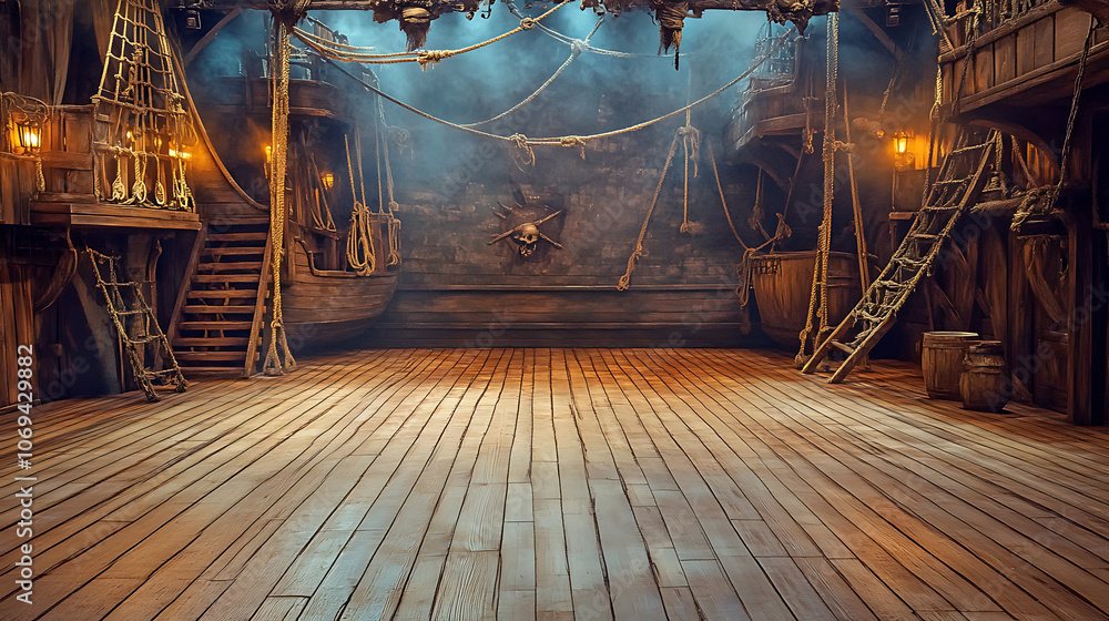 Fototapeta premium empty pirate ship deck background for theater stage scene