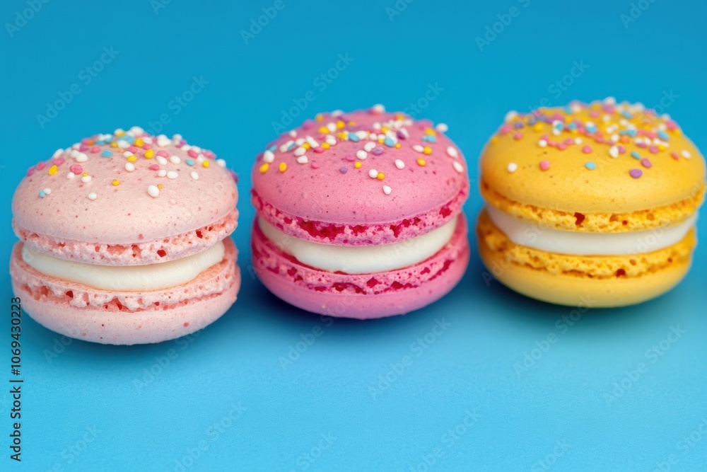 Colorful macarons with sprinkles resting on vibrant blue background Colorful macarons with sprinkles resting on vibrant blue background