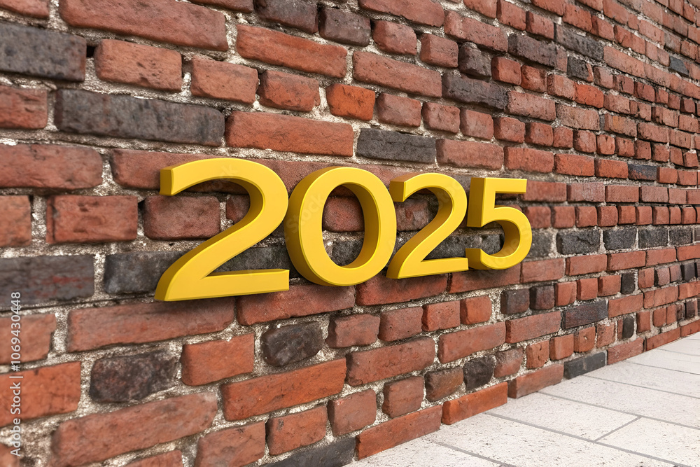 3D yellow 2025 with brick wall background. Generative AI 3D yellow 2025 with brick wall background. Generative AI