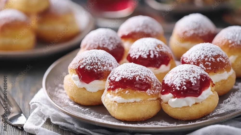 Dough-based dessert, sometimes filled with jelly or cream and glazed. Dough-based dessert, sometimes filled with jelly or cream and glazed.