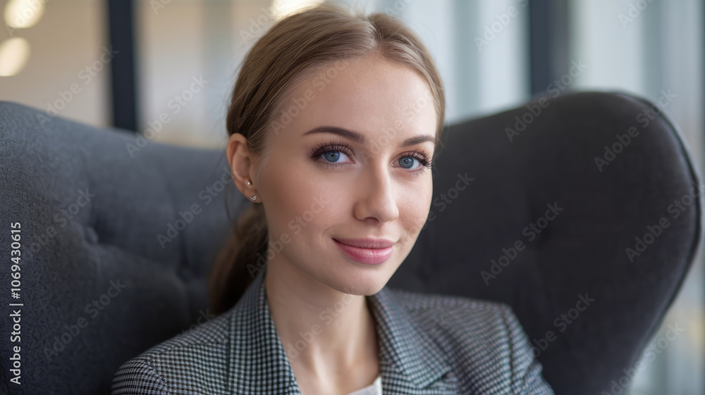 A woman is sitting in a chair with her head tilted to the side. She is wearing a suit and has her hair pulled back A woman is sitting in a chair with her head tilted to the side. She is wearing a suit and has her hair pulled back