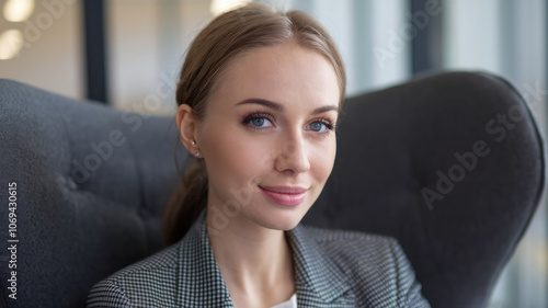Free Download A woman is sitting in a chair with her head tilted to the side. She is wearing a suit and has her hair pulled back - GFXLoad