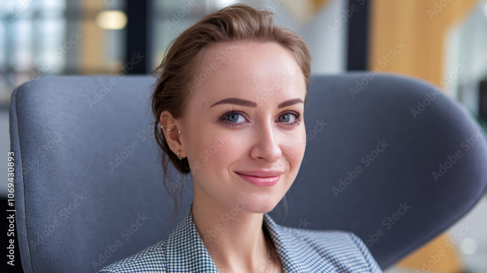 A woman is sitting in a chair with a smile on her face. She is wearing a suit and a necklace A woman is sitting in a chair with a smile on her face. She is wearing a suit and a necklace