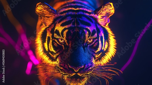 Stunning neon hologram of realistic tiger high resolution image photo