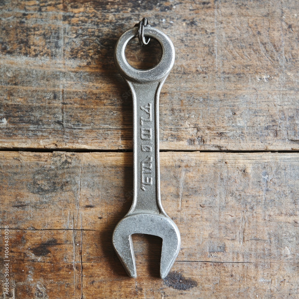 Close-up of a metallic wrench on a wooden surface Close-up of a metallic wrench on a wooden surface