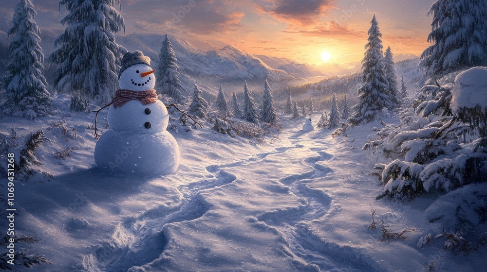 Obraz premium Serene winter landscape with snowman and sunset in the background
