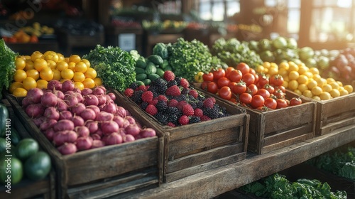 Vibrant assortment of fresh fruits and vegetables in a market display