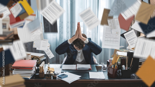 A man is praying in front of a desk with papers flying everywhere. Concept of chaos and stress, as the man is overwhelmed by the amount of work on his desk