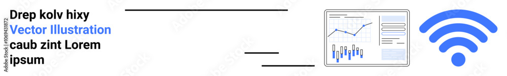 Wireless signal icon in blue, data analysis graph on a monitor, text elements. Ideal for technology, data analysis, wireless communication, internet connectivity, network, statistics, business Wireless signal icon in blue, data analysis graph on a monitor, text elements. Ideal for technology, data analysis, wireless communication, internet connectivity, network, statistics, business