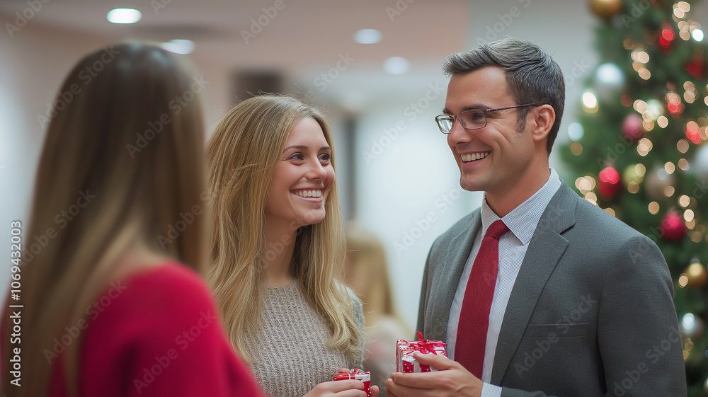 Holiday Cheer and Conversation. A group of colleagues chat and exchange gifts during a festive office Christmas party. Holiday Cheer and Conversation. A group of colleagues chat and exchange gifts during a festive office Christmas party.