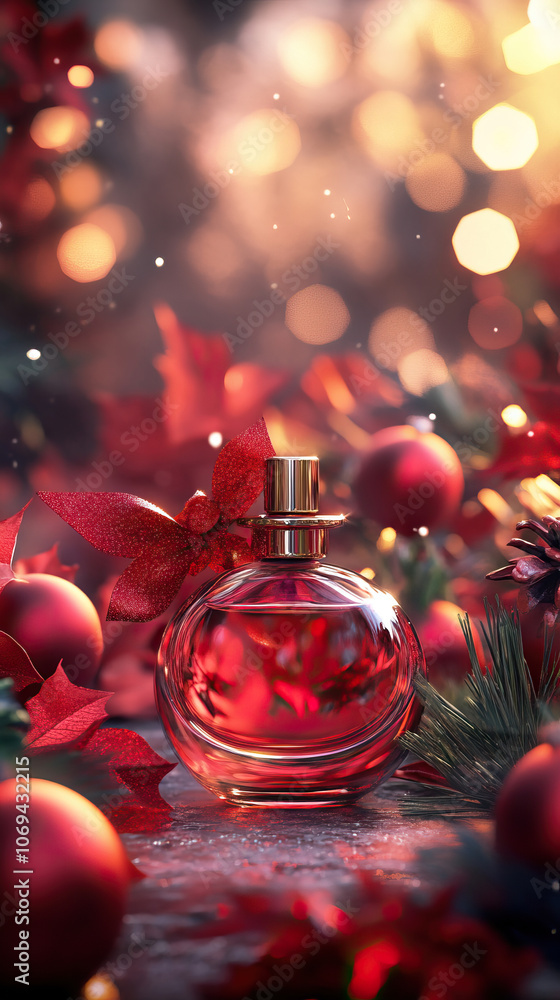 A festive red perfume bottle with Christmas decorations, ideal for a holiday gift A festive red perfume bottle with Christmas decorations, ideal for a holiday gift