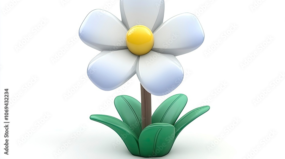 Colorful cartoon flower with white petals and green leaves Colorful cartoon flower with white petals and green leaves