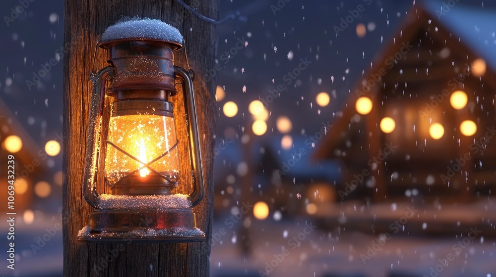 Cozy winter scene with lantern and snow falling at night Cozy winter scene with lantern and snow falling at night