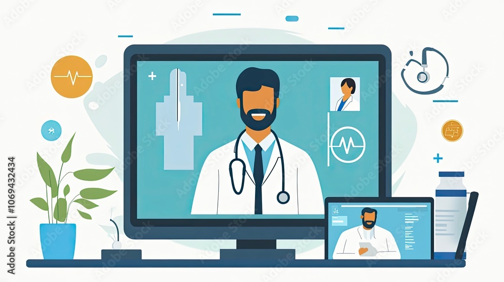 Virtual healthcare consultation with a doctor on computer screens Virtual healthcare consultation with a doctor on computer screens